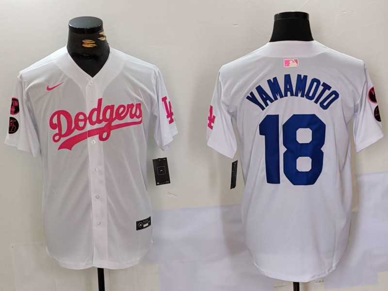 Mens Los Angeles Dodgers #18 Yoshinobu Yamamoto White Pink Vin & Kobe Patch Stitched Baseball Jersey1